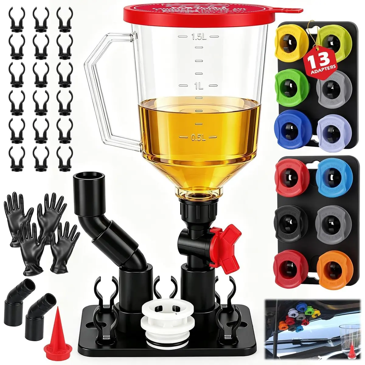 SEDY 22-Piece Engine Oil Funnel Kit with Magnetic Base & 1.59 QT No-Spill Funnel | Hands-Free Oil Filling for Cars & Motorcycles - main product image
