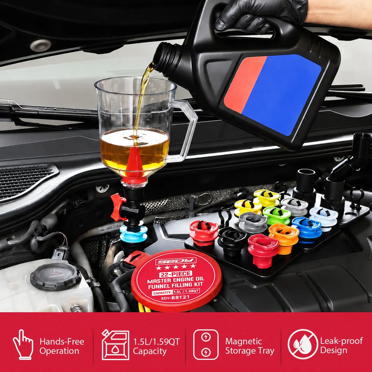 SEDY 22-Piece Engine Oil Funnel Kit with Magnetic Base & 1.59 QT No-Spill Funnel | Hands-Free Oil Filling for Cars & Motorcycles - view 2