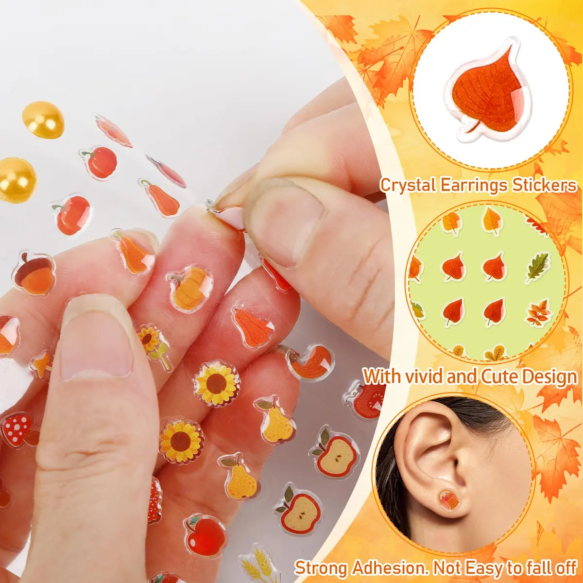 AUGSUN 240 Pcs Fall Thanksgiving Stick on Earrings | 8mm Multicolor Cartoon Pattern - view 2