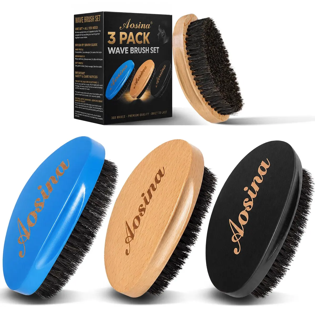 Aosina Boar Bristle Hair Brush for Men, 3-Pack | Soft, Medium & Hard Wave Brushes for 360 & Wolfing - main product image