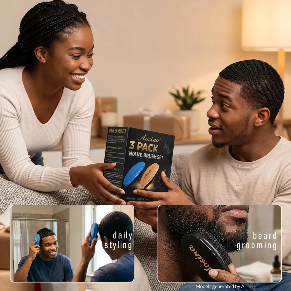 Aosina Boar Bristle Hair Brush for Men, 3-Pack | Soft, Medium & Hard Wave Brushes for 360 & Wolfing - view 7