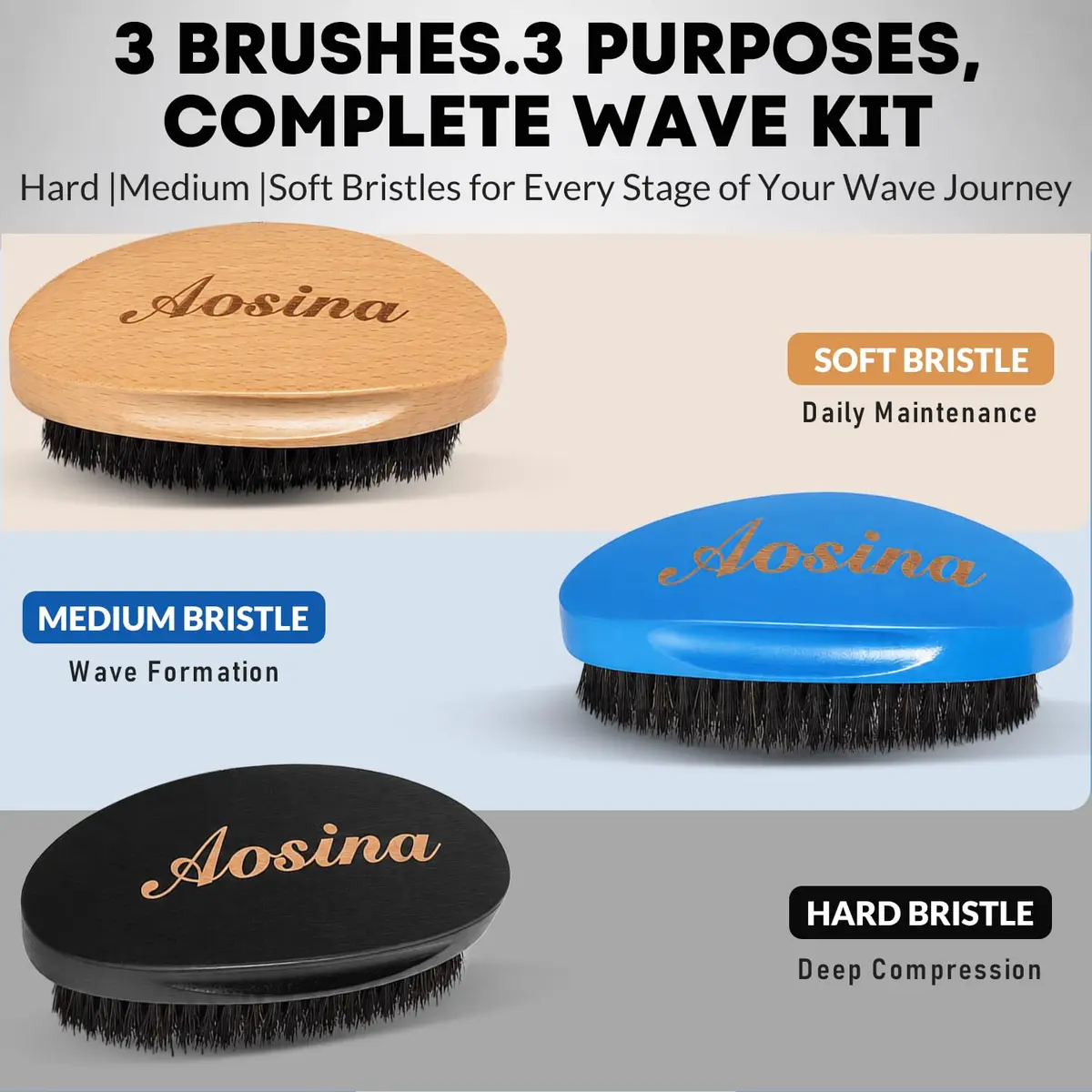 Aosina Boar Bristle Hair Brush for Men, 3-Pack | Soft, Medium & Hard Wave Brushes for 360 & Wolfing - view 2