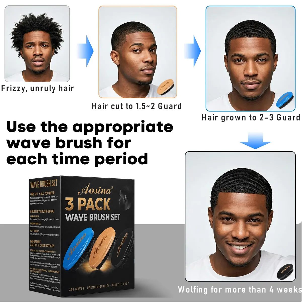 Aosina Boar Bristle Hair Brush for Men, 3-Pack | Soft, Medium & Hard Wave Brushes for 360 & Wolfing - view 3