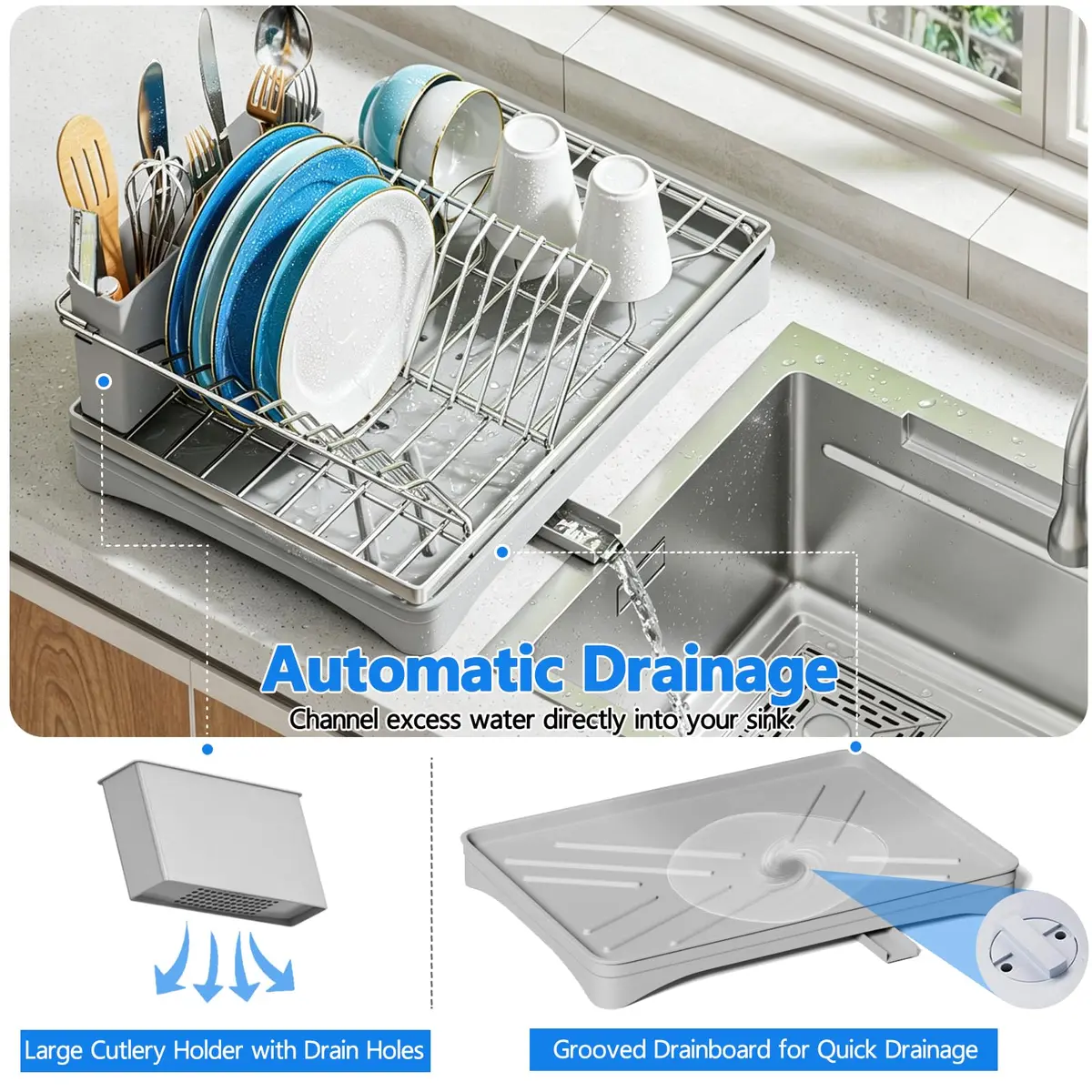 ANTOPY Dish Drying Rack Stainless Steel for Kitchen Counter, Rustproof, Compact, 16.5''Lx11.8''W, Gray - view 4