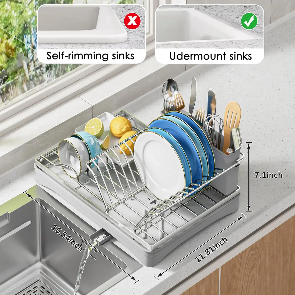ANTOPY Dish Drying Rack Stainless Steel for Kitchen Counter, Rustproof, Compact, 16.5''Lx11.8''W, Gray - view 2