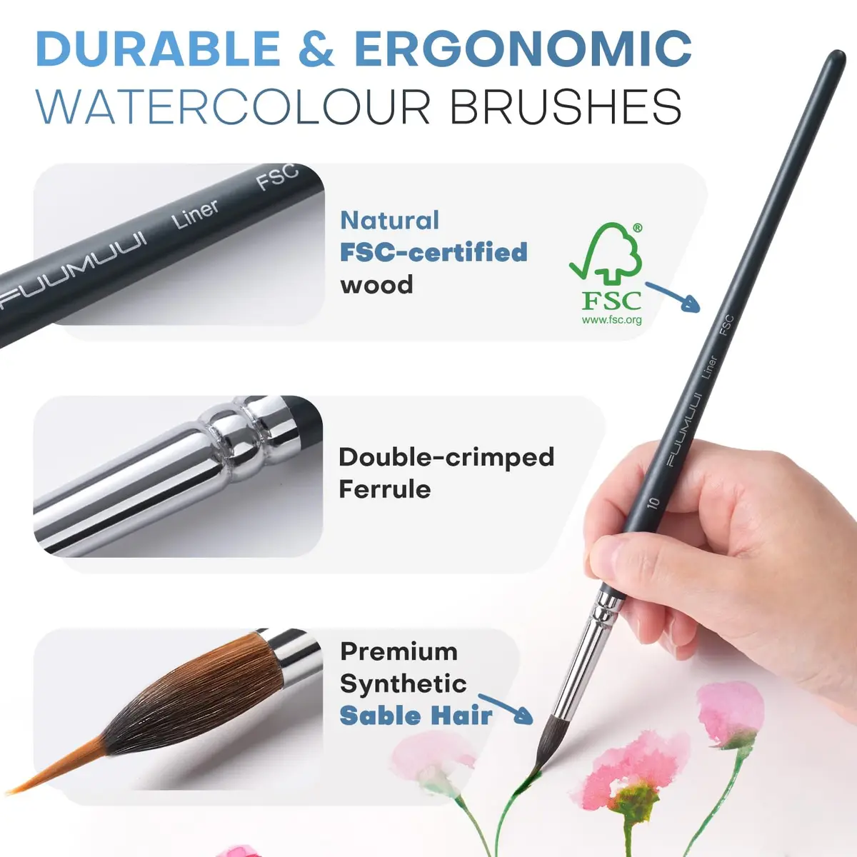 Fuumuui Watercolor Brush Set 10Pcs Synthetic Hair | Artist Paint Brushes for Watercolor, Gouache, Ink - view 2