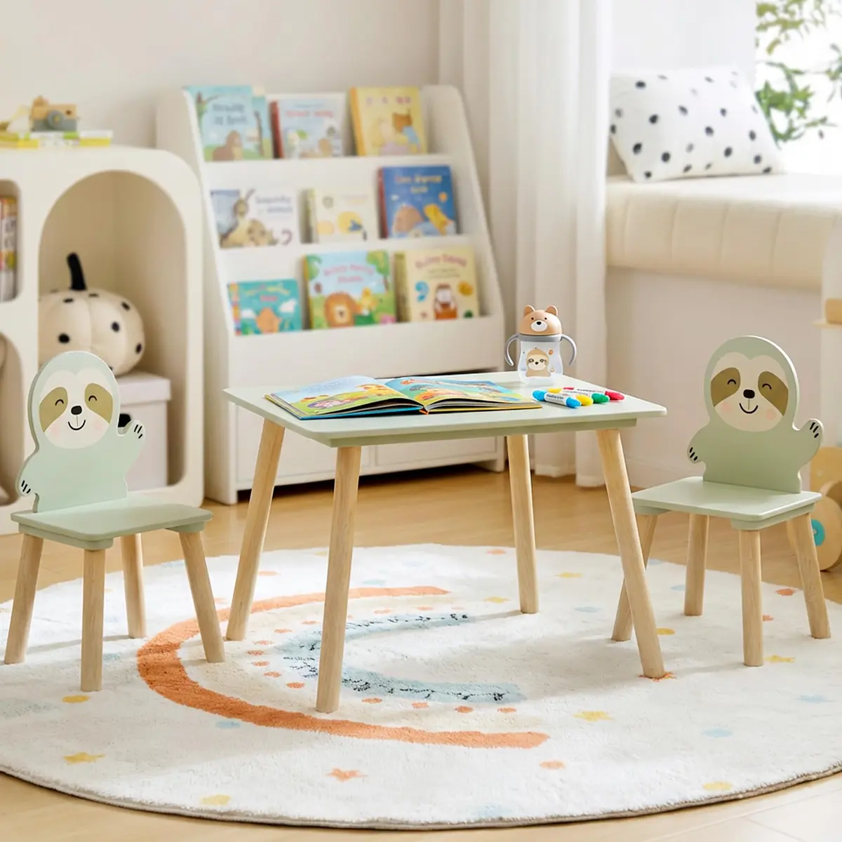 BRITEMART Kids Table and 2 Chairs | Toddler Wooden Stable Set for Ages 3-8 - main product image