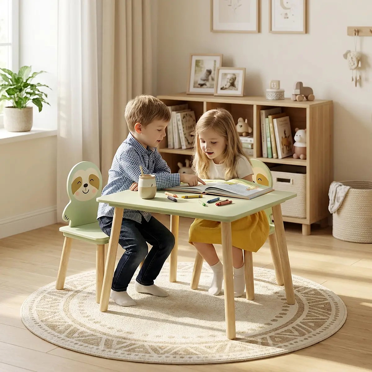 BRITEMART Kids Table and 2 Chairs | Toddler Wooden Stable Set for Ages 3-8 - view 7