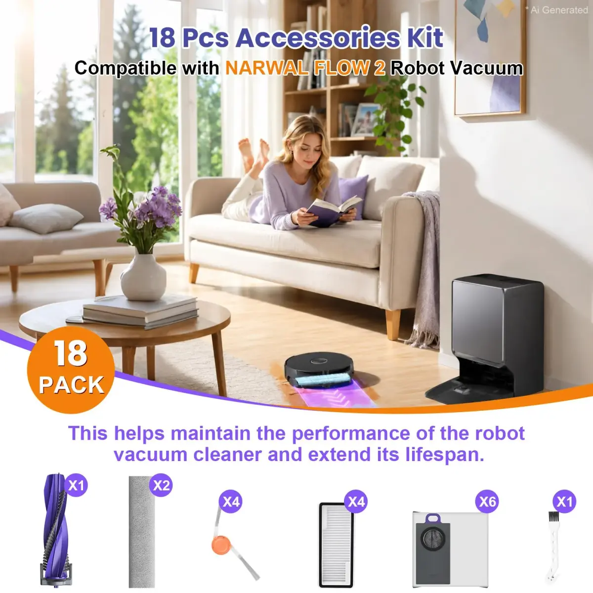 BTRSOLUS 18 Pcs Accessories Kit for NARWAL FLOW 2 Robot Vacuum | Complete Replacement Set with HEPA Filters, Dust Bags, Mops & Brushes - view 8
