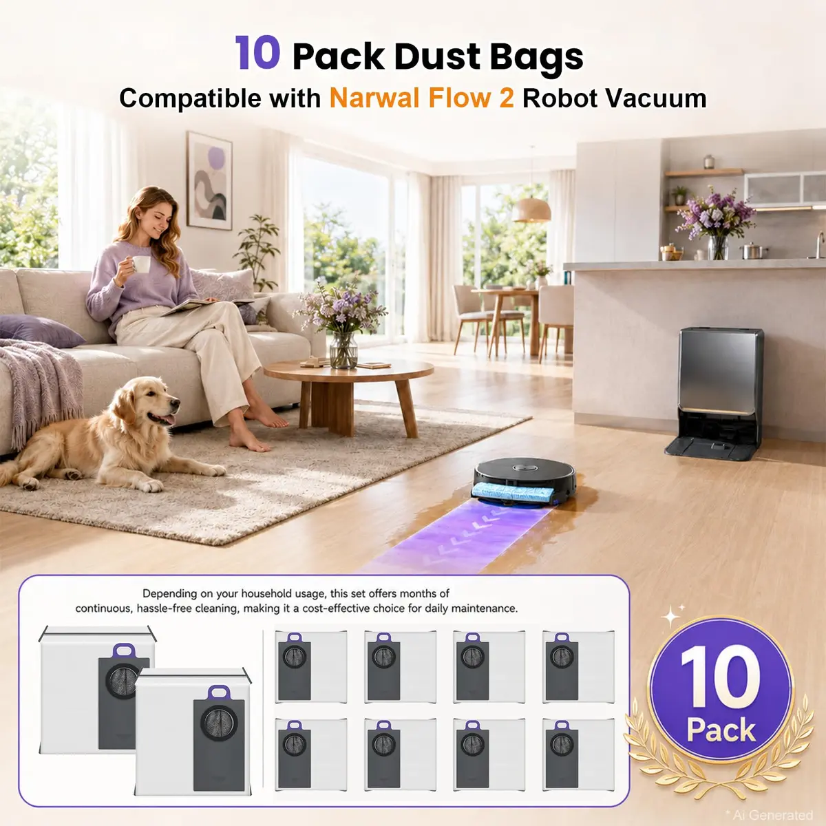 BTRSOLUS Dust Bags for Narwal Flow 2, 2.4L Capacity, 10 Pcs | 4-Layer Filtration for Fine Dust - view 7
