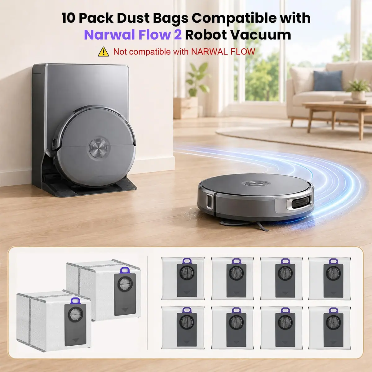 BTRSOLUS Dust Bags for Narwal Flow 2, 2.4L Capacity, 10 Pcs | 4-Layer Filtration for Fine Dust - view 2