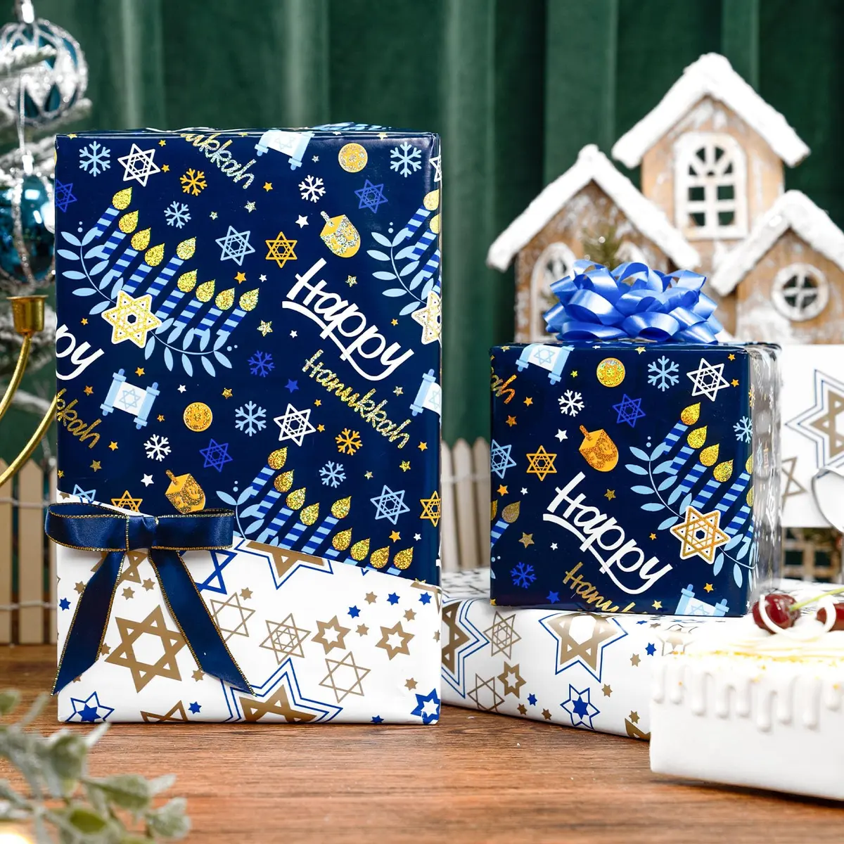 Yarcony Hanukkah Wrapping Paper, Holographic Blue | Reversible Festive Gift Wrap 17in x 33ft - view 6