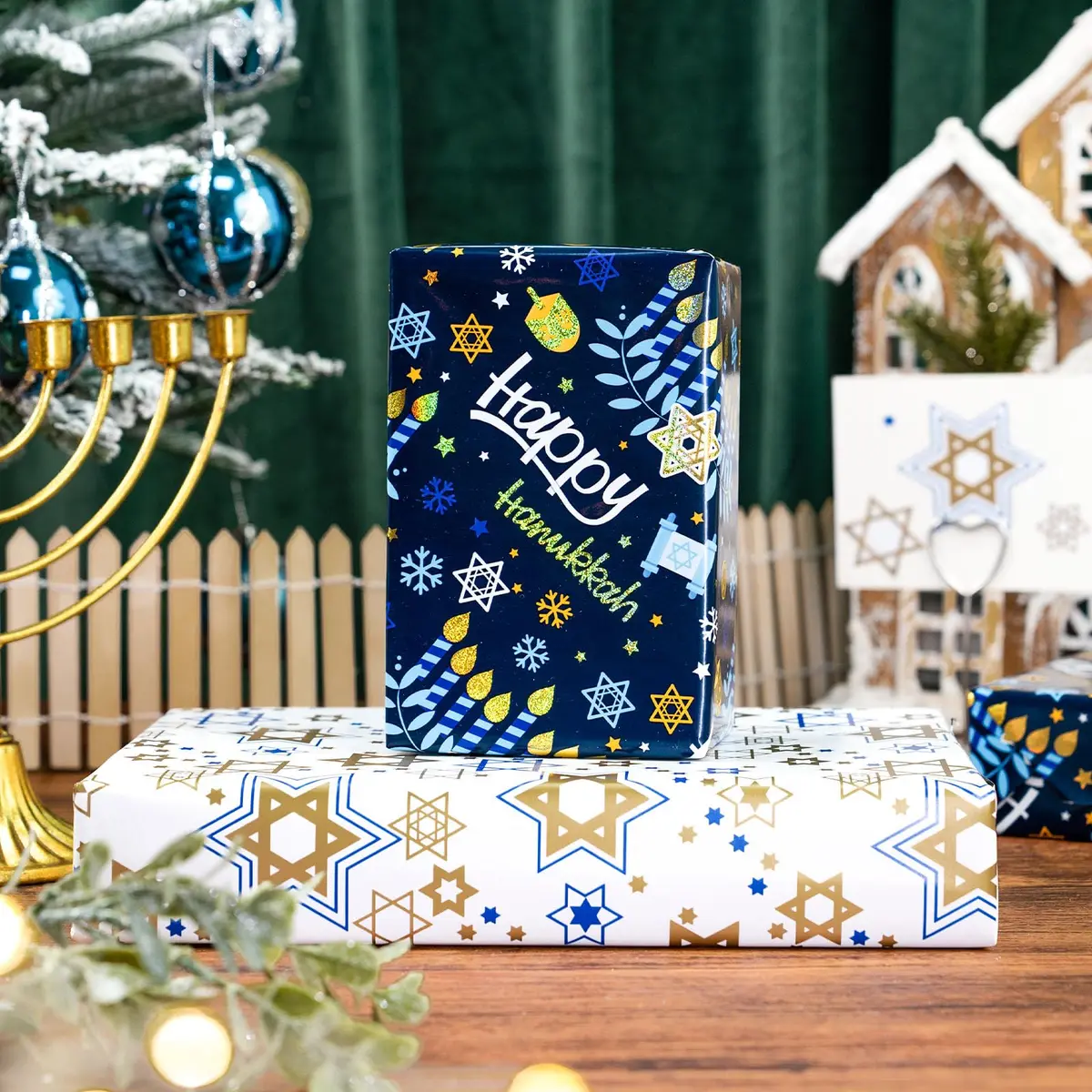Yarcony Hanukkah Wrapping Paper, Holographic Blue | Reversible Festive Gift Wrap 17in x 33ft - view 7