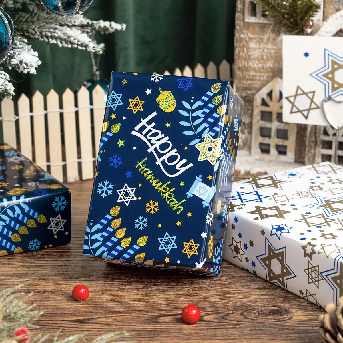 Yarcony Hanukkah Wrapping Paper, Holographic Blue | Reversible Festive Gift Wrap 17in x 33ft - view 8