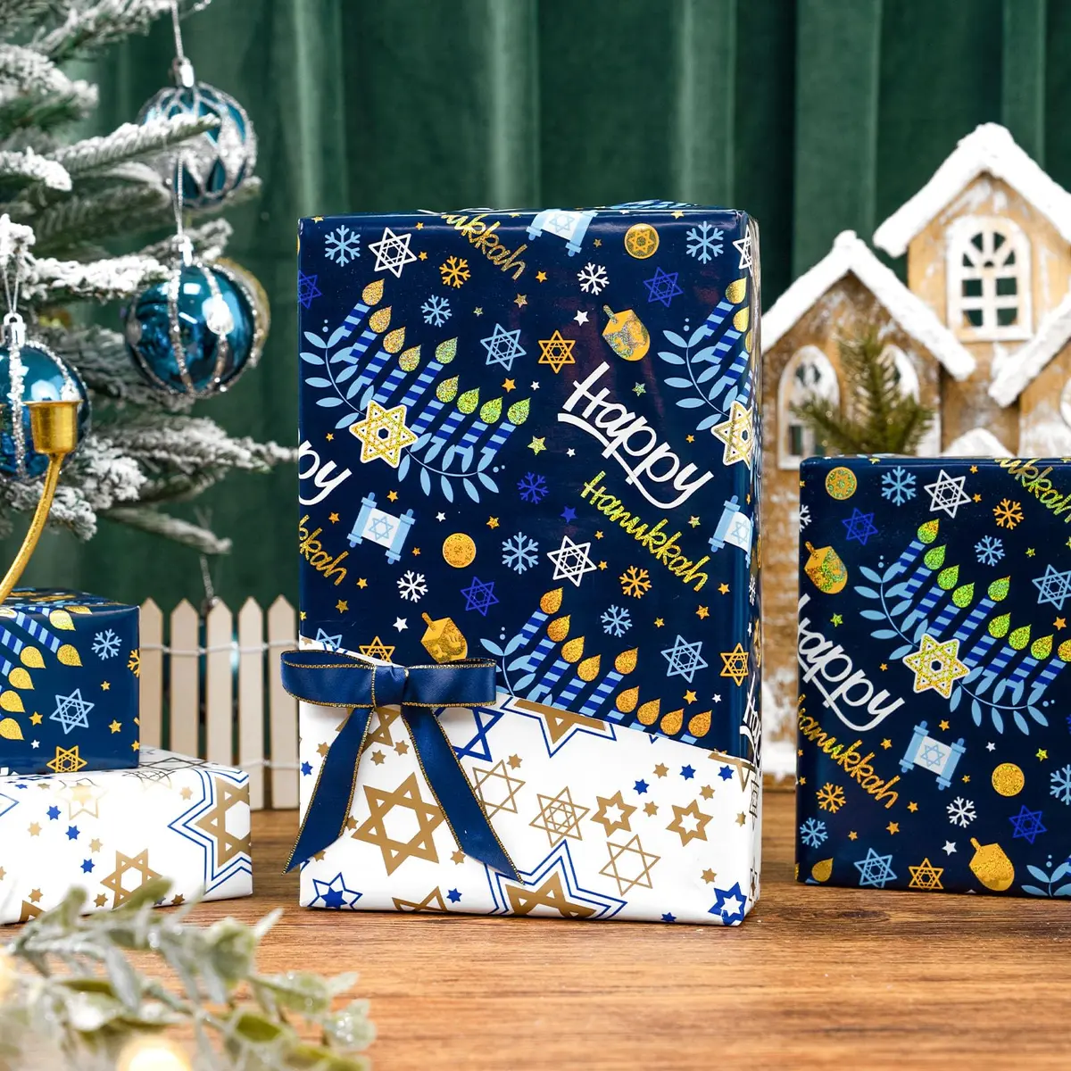 Yarcony Hanukkah Wrapping Paper, Holographic Blue | Reversible Festive Gift Wrap 17in x 33ft - view 2