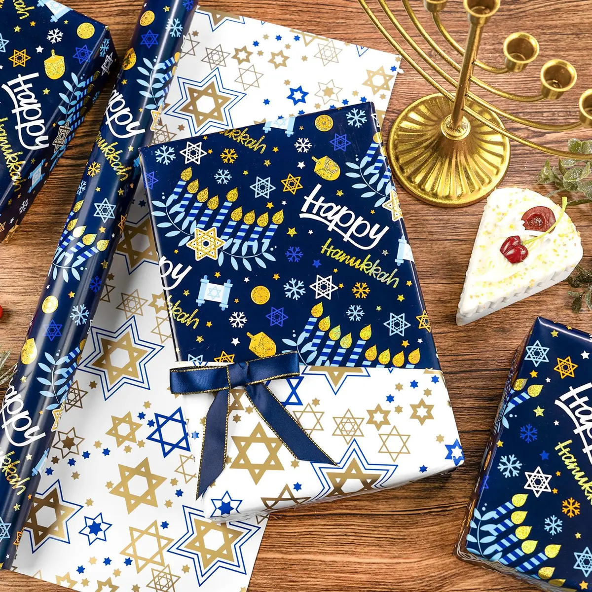 Yarcony Hanukkah Wrapping Paper, Holographic Blue | Reversible Festive Gift Wrap 17in x 33ft - view 3