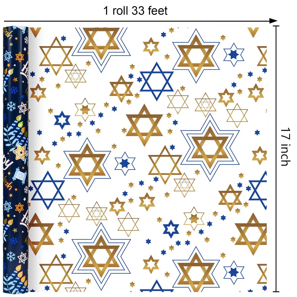 Yarcony Hanukkah Wrapping Paper, Holographic Blue | Reversible Festive Gift Wrap 17in x 33ft - view 4