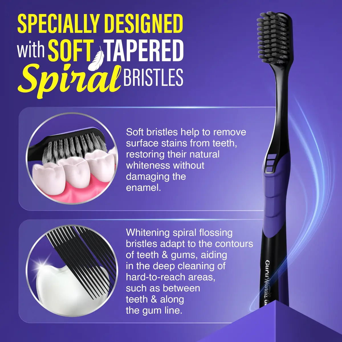 GuruNanda Gentle Giant Charcoal Toothbrush - Dual Action Flossing Spiral Bristles, Non-Slip Ergo Dexa Grip Handle, 12ct (Pack of 6) - view 3