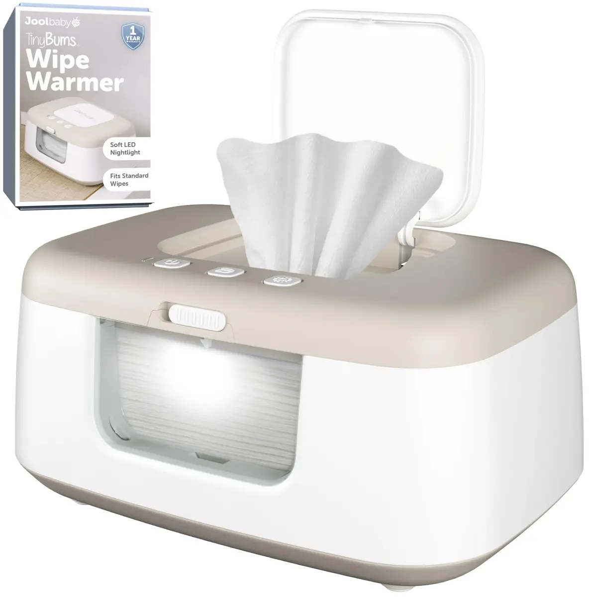 Jool Baby TinyBums Baby Wipe Warmer & Dispenser with LED Changing Light & On/Off Switch (Oatmeal) | Safe Warmth for Diaper Changes - main product image