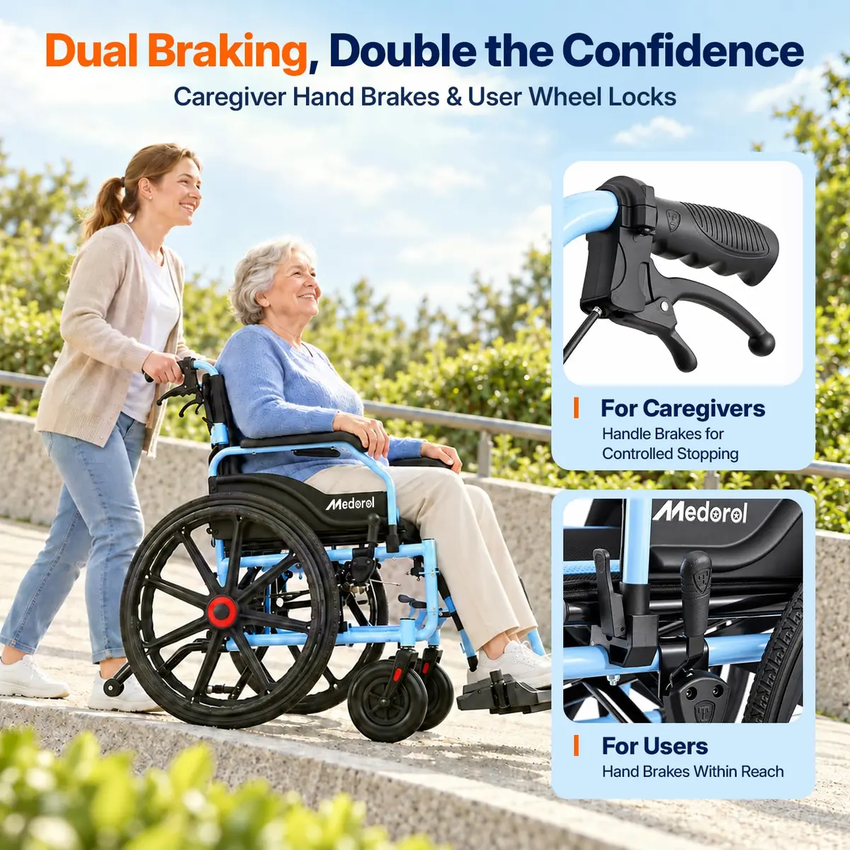 Medorol Wheelchairs for Adults 22 Inch Wide Seat | Heavy Duty 400 lbs Capacity, Foldable, Self-Propelled with Hand Brakes - view 4