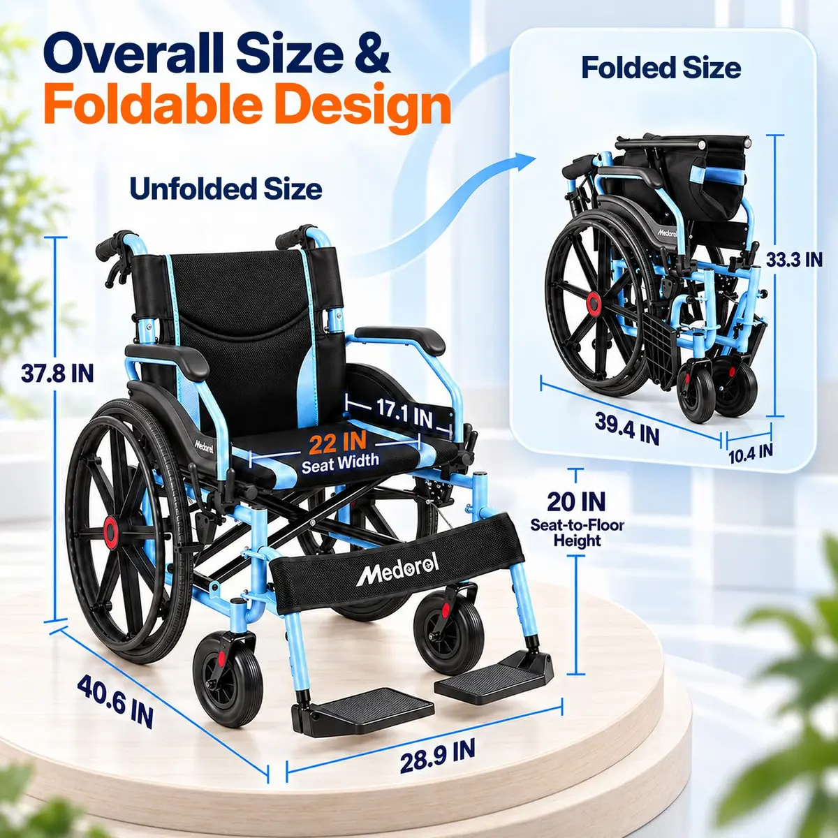 Medorol Wheelchairs for Adults 22 Inch Wide Seat | Heavy Duty 400 lbs Capacity, Foldable, Self-Propelled with Hand Brakes - view 7