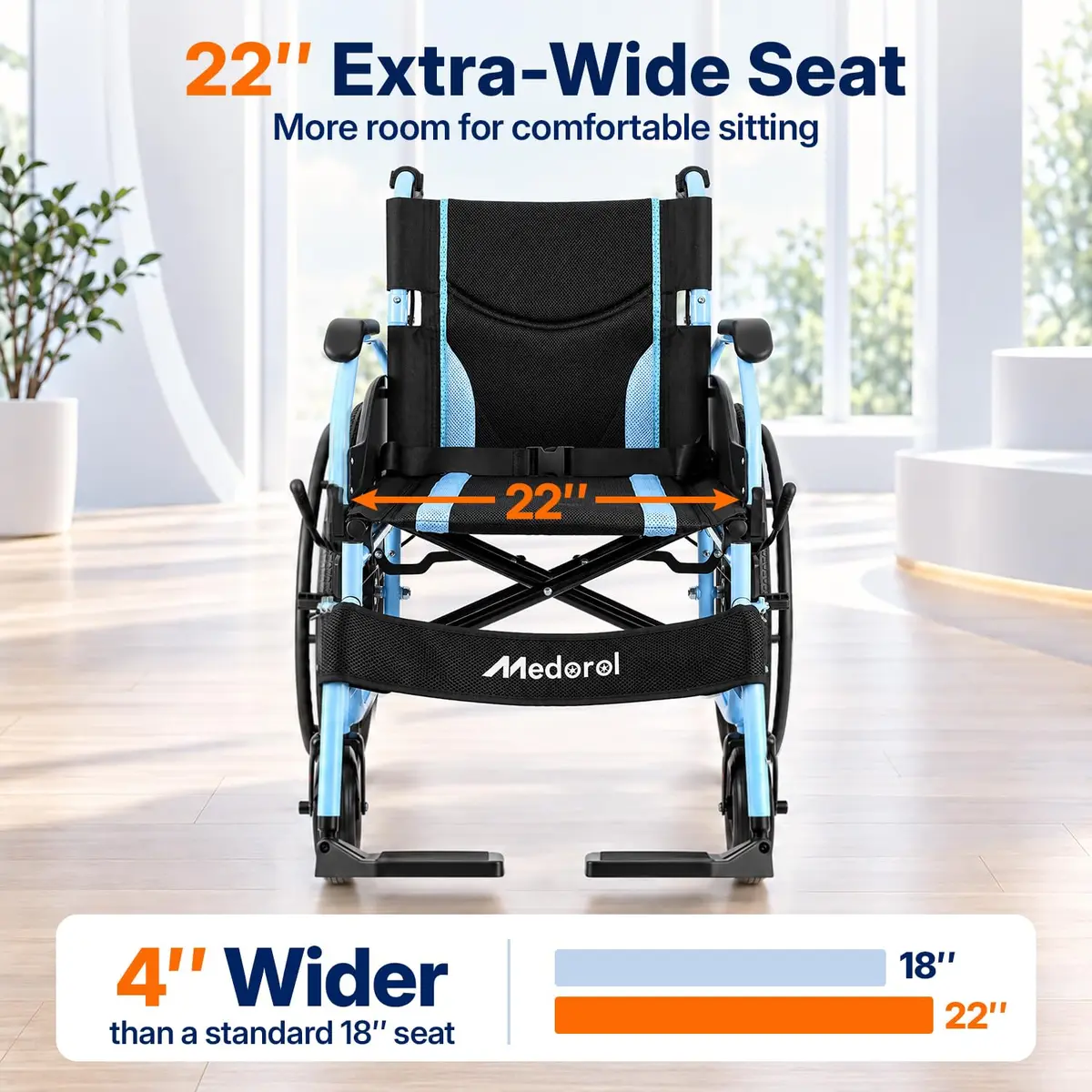 Medorol Wheelchairs for Adults 22 Inch Wide Seat | Heavy Duty 400 lbs Capacity, Foldable, Self-Propelled with Hand Brakes - view 2