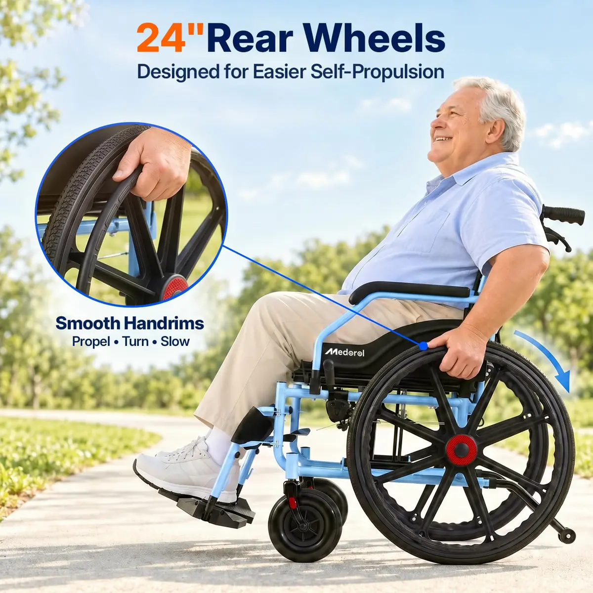 Medorol Wheelchairs for Adults 22 Inch Wide Seat | Heavy Duty 400 lbs Capacity, Foldable, Self-Propelled with Hand Brakes - view 3