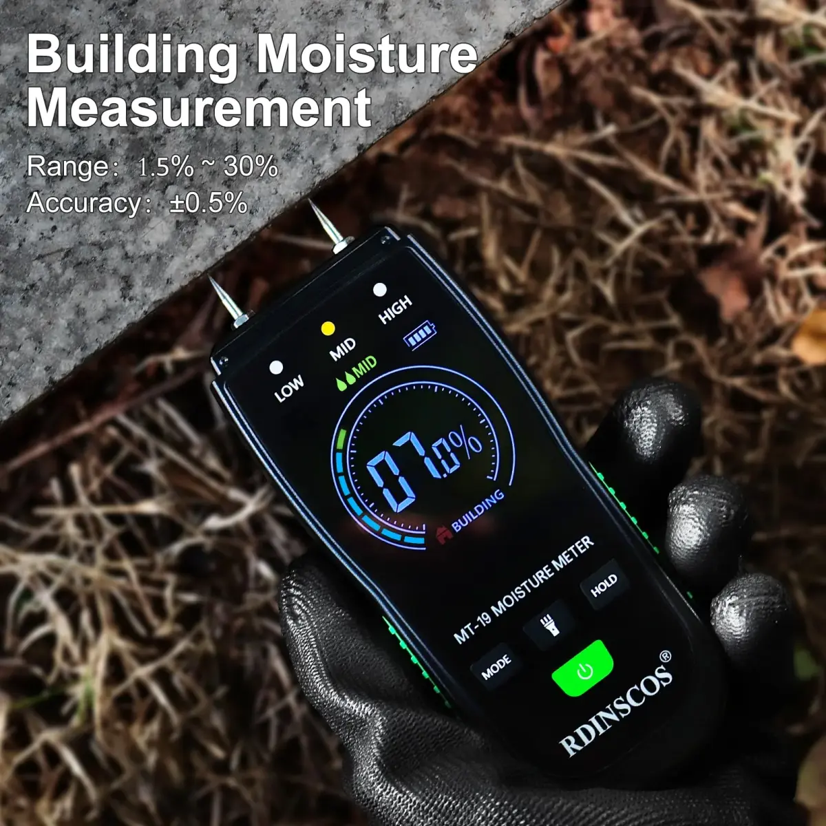 RDINSCOS Rechargeable Moisture Meter for Wood, Walls & Hardwood (Orange) | Pin-Type Digital Moisture Tester with Large Color Display - view 8