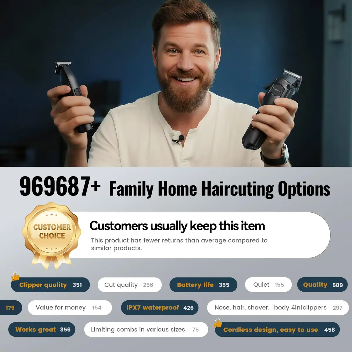 Jack & Rose Hair Clippers for Men Set Professional, Cordless, Black | 4-in-1 Hair Groomer with Lithium Battery - view 5