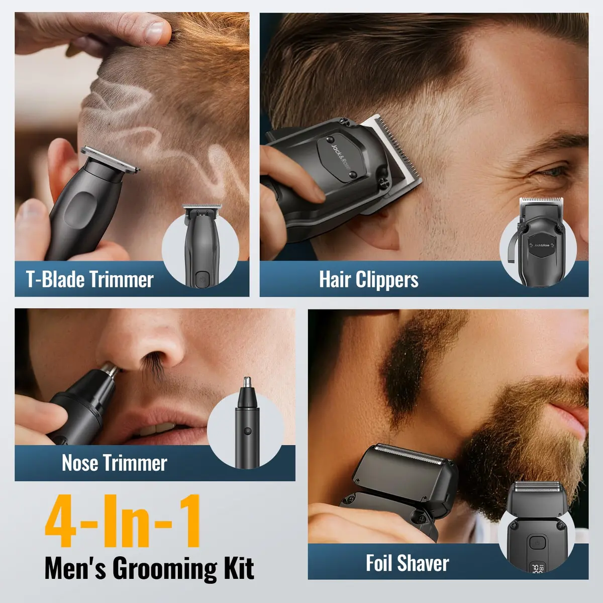 Jack & Rose Hair Clippers for Men Set Professional, Cordless, Black | 4-in-1 Hair Groomer with Lithium Battery - view 3