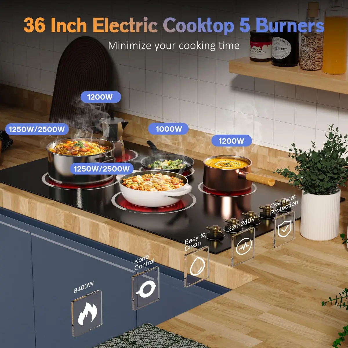 Jessier 36 Inch 5 Burner Electric Cooktop 8400W | 220-240V Drop-In Installation with Knob Control - view 5