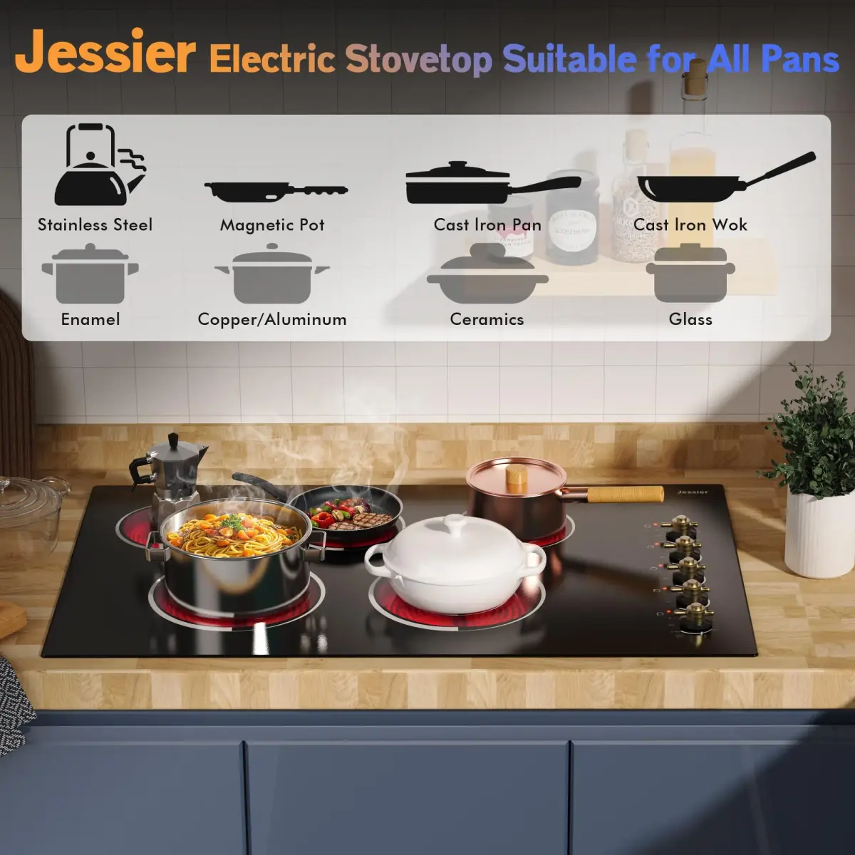 Jessier 36 Inch 5 Burner Electric Cooktop 8400W | 220-240V Drop-In Installation with Knob Control - view 6