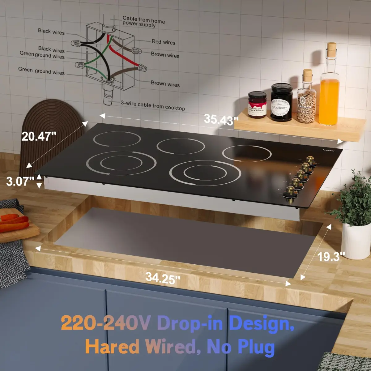 Jessier 36 Inch 5 Burner Electric Cooktop 8400W | 220-240V Drop-In Installation with Knob Control - view 7