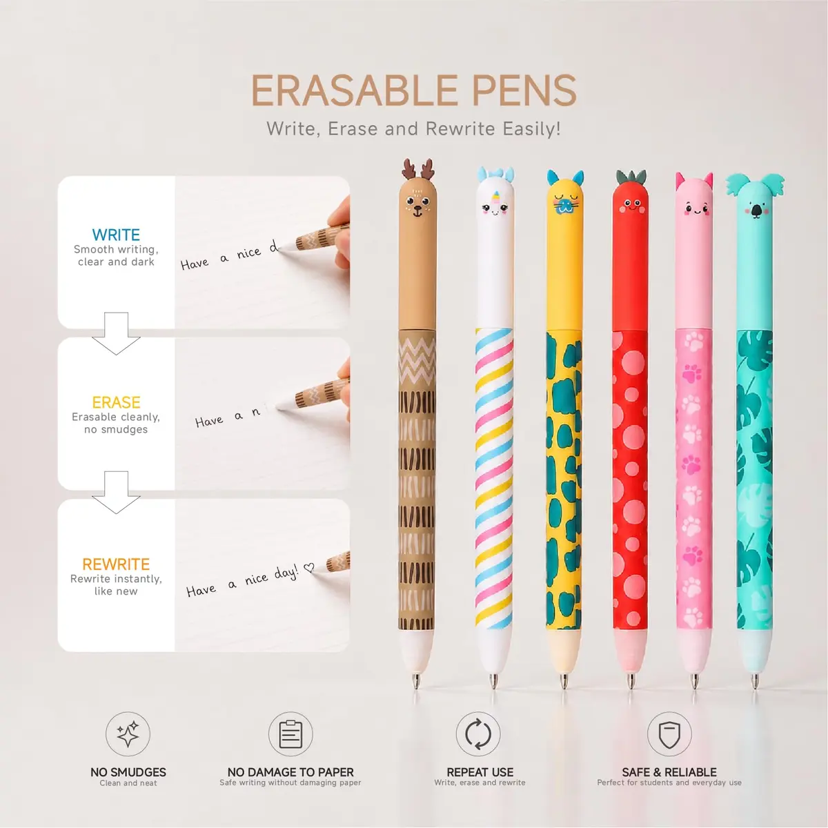 Kabolain 12 Pack Erasable Gel Pens 0.7mm | Cute Animal Designs for Daily Writing - view 2