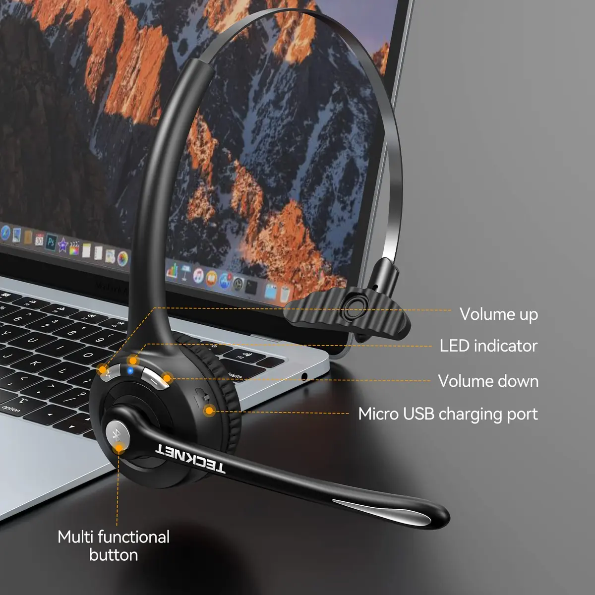 TECKNET Wireless Bluetooth Headset with Noise Cancelling Microphone, Single Ear On-Ear Headphones with Mute Button, Trucker Bluetooth Headset for Driving, Work, Office & Zoom Calls - view 4