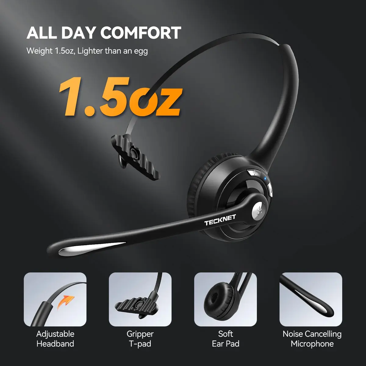 TECKNET Wireless Bluetooth Headset with Noise Cancelling Microphone, Single Ear On-Ear Headphones with Mute Button, Trucker Bluetooth Headset for Driving, Work, Office & Zoom Calls - view 5