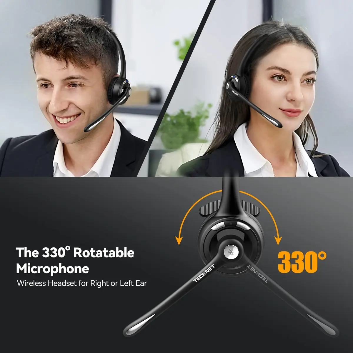 TECKNET Wireless Bluetooth Headset with Noise Cancelling Microphone, Single Ear On-Ear Headphones with Mute Button, Trucker Bluetooth Headset for Driving, Work, Office & Zoom Calls - view 2