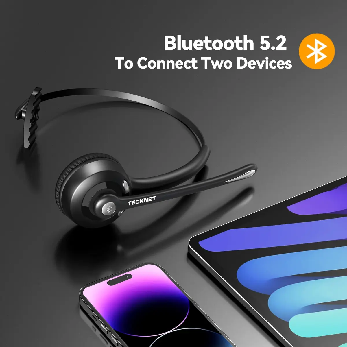 TECKNET Wireless Bluetooth Headset with Noise Cancelling Microphone, Single Ear On-Ear Headphones with Mute Button, Trucker Bluetooth Headset for Driving, Work, Office & Zoom Calls - view 3