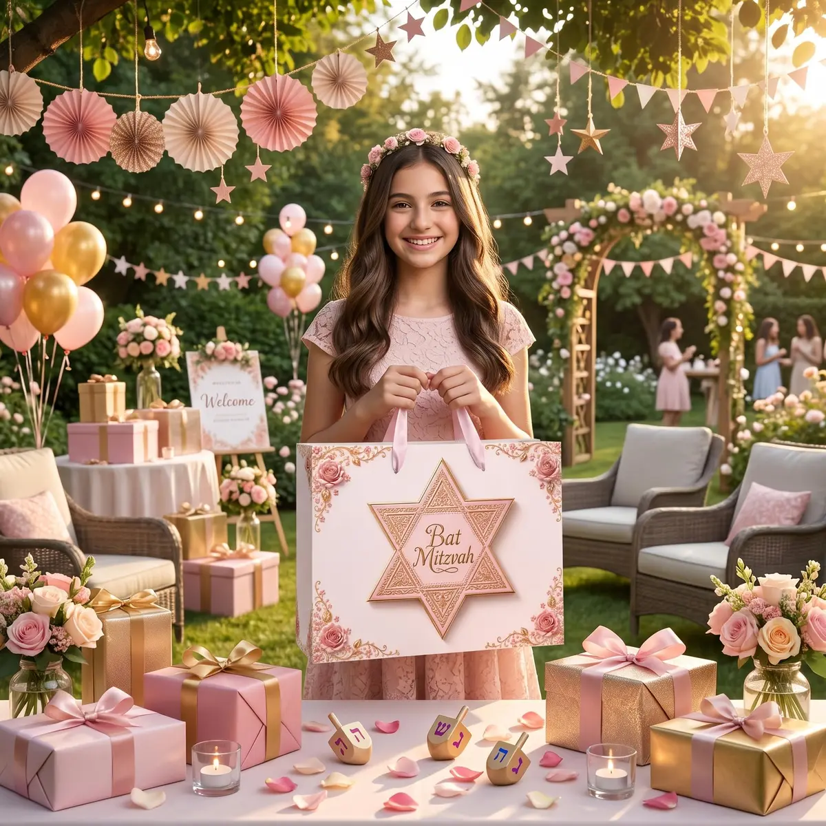 Papmiunm Bat Mitzvah Gift Bag Set Pink Rose Gold Star of David | Elegant Jewish Celebration - view 5
