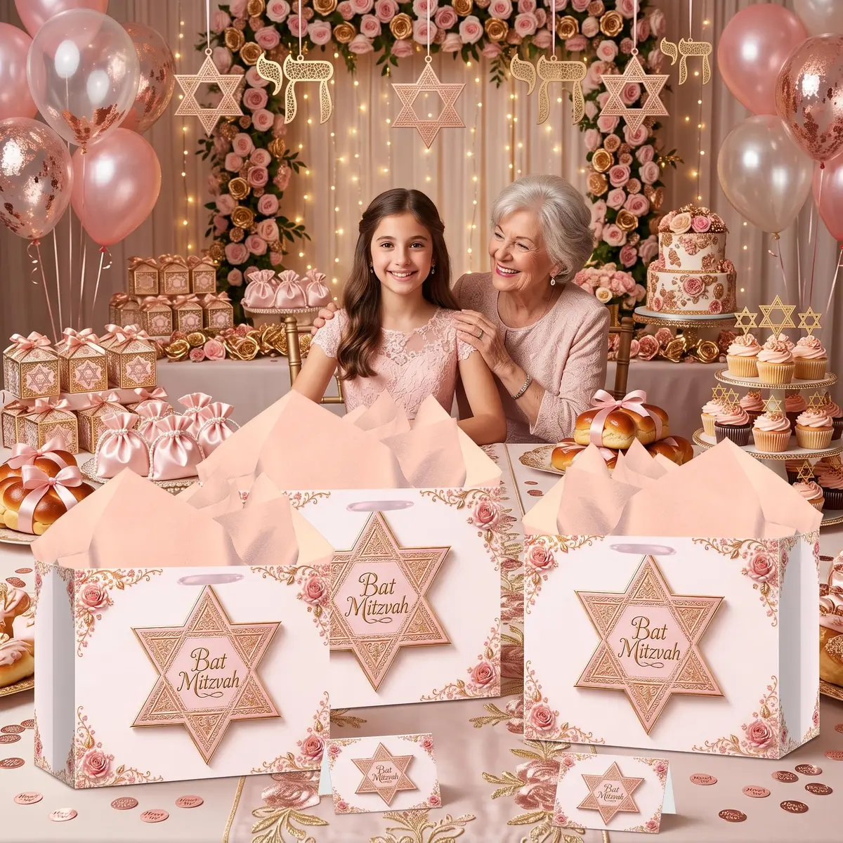 Papmiunm Bat Mitzvah Gift Bag Set Pink Rose Gold Star of David | Elegant Jewish Celebration - view 6
