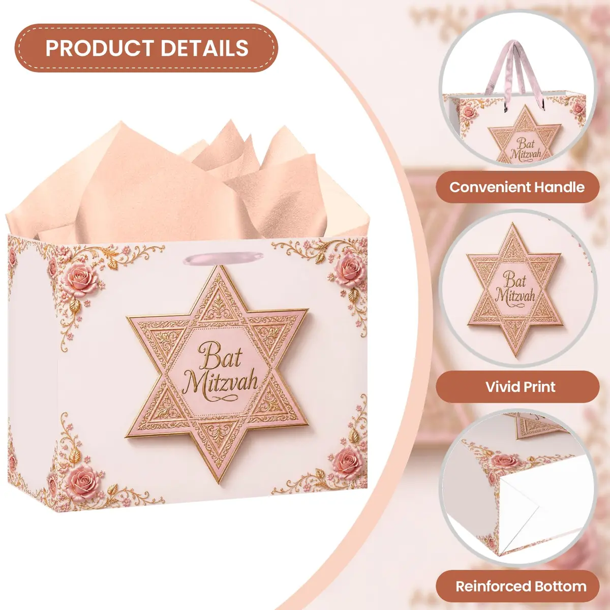 Papmiunm Bat Mitzvah Gift Bag Set Pink Rose Gold Star of David | Elegant Jewish Celebration - view 2