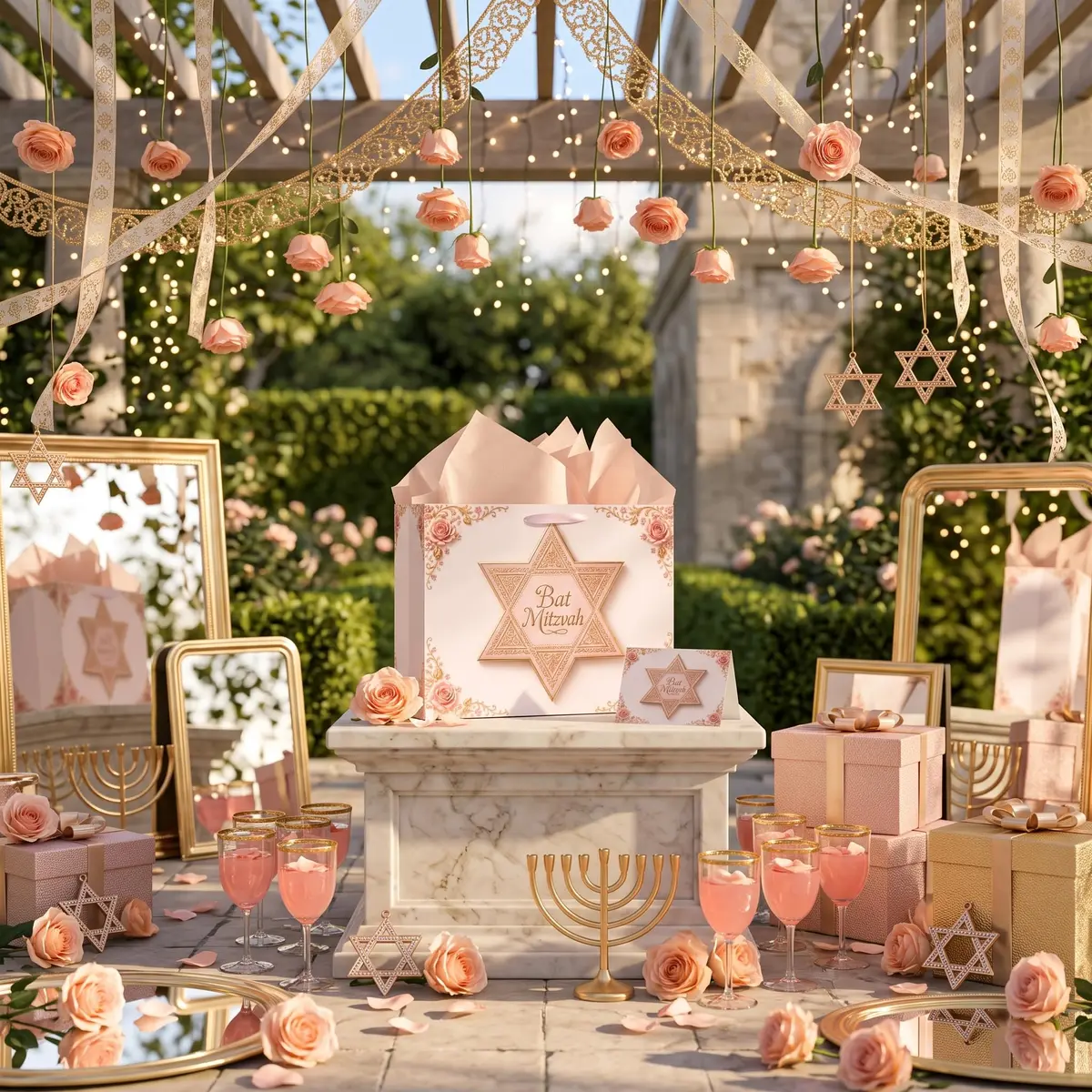 Papmiunm Bat Mitzvah Gift Bag Set Pink Rose Gold Star of David | Elegant Jewish Celebration - view 3