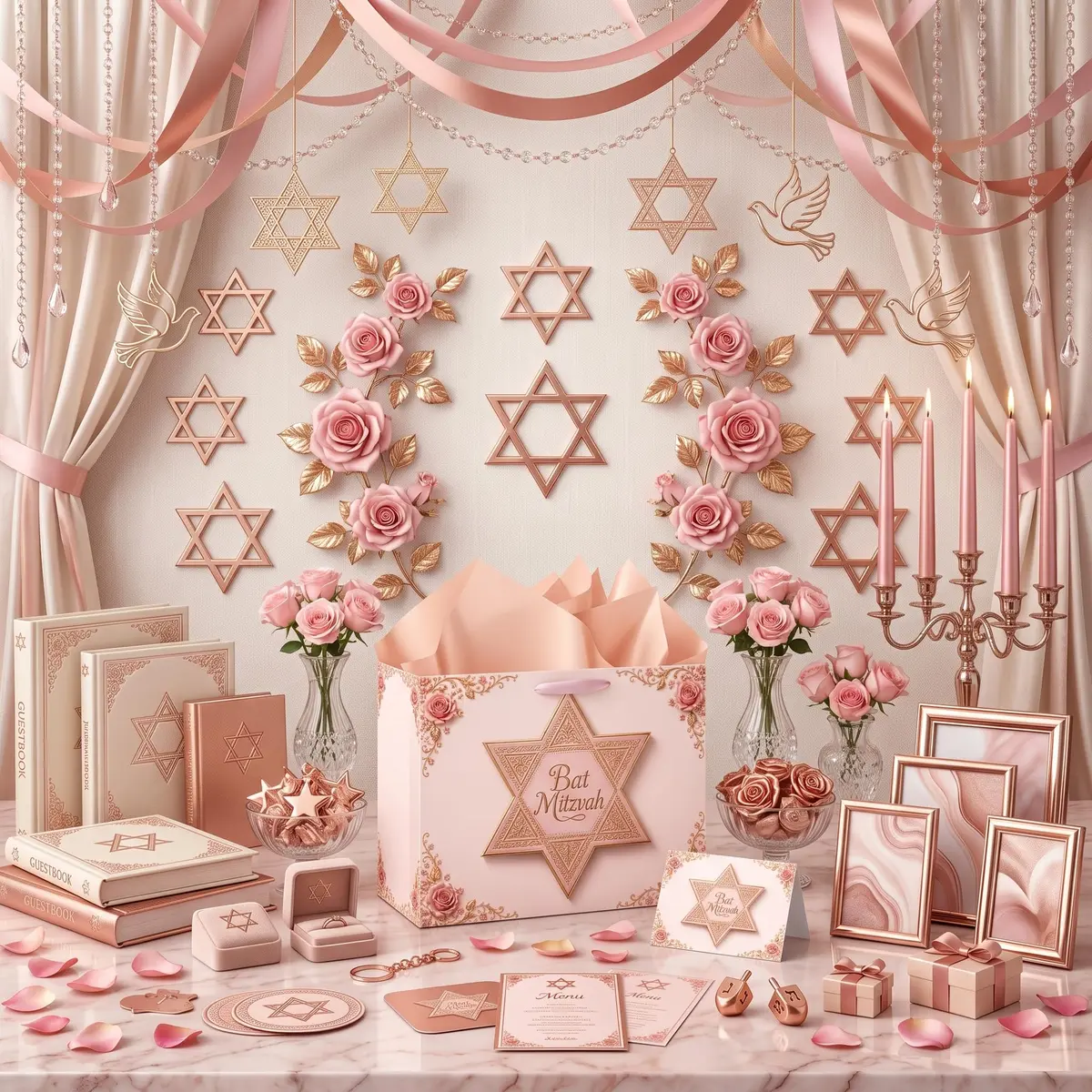Papmiunm Bat Mitzvah Gift Bag Set Pink Rose Gold Star of David | Elegant Jewish Celebration - view 4