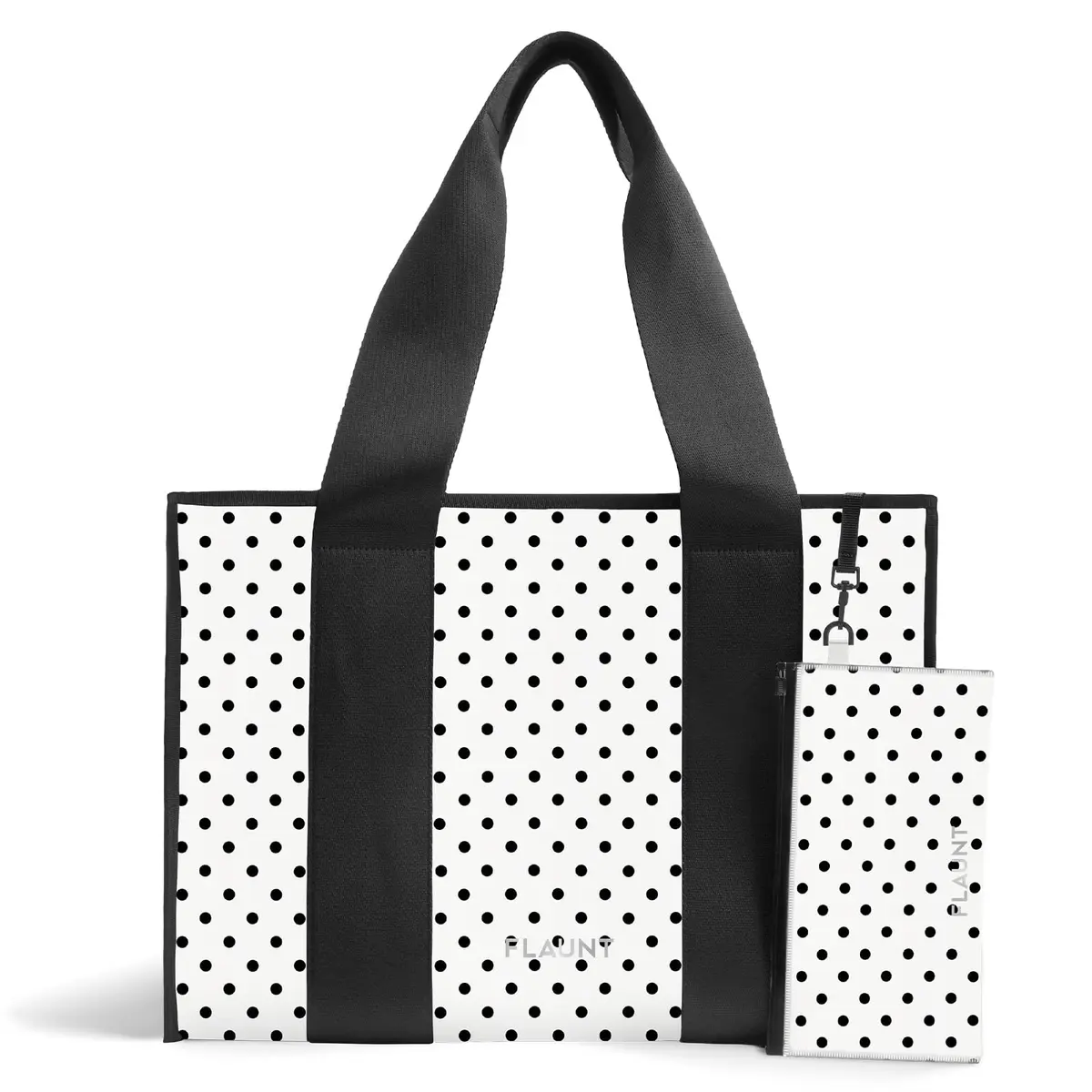 FLAUNT Everyday Tote Bag with Phone Pouch - White Polka Dot | Lightweight, Airline-Approved, Foldable & Washable Large Tote for Women - main product image