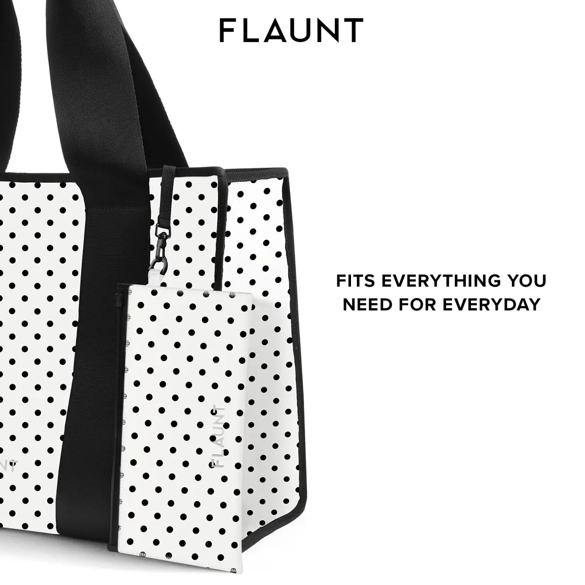 FLAUNT Everyday Tote Bag with Phone Pouch - White Polka Dot | Lightweight, Airline-Approved, Foldable & Washable Large Tote for Women - view 5
