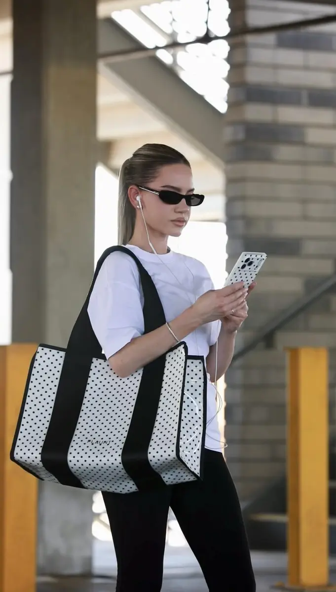 FLAUNT Everyday Tote Bag with Phone Pouch - White Polka Dot | Lightweight, Airline-Approved, Foldable & Washable Large Tote for Women - view 2