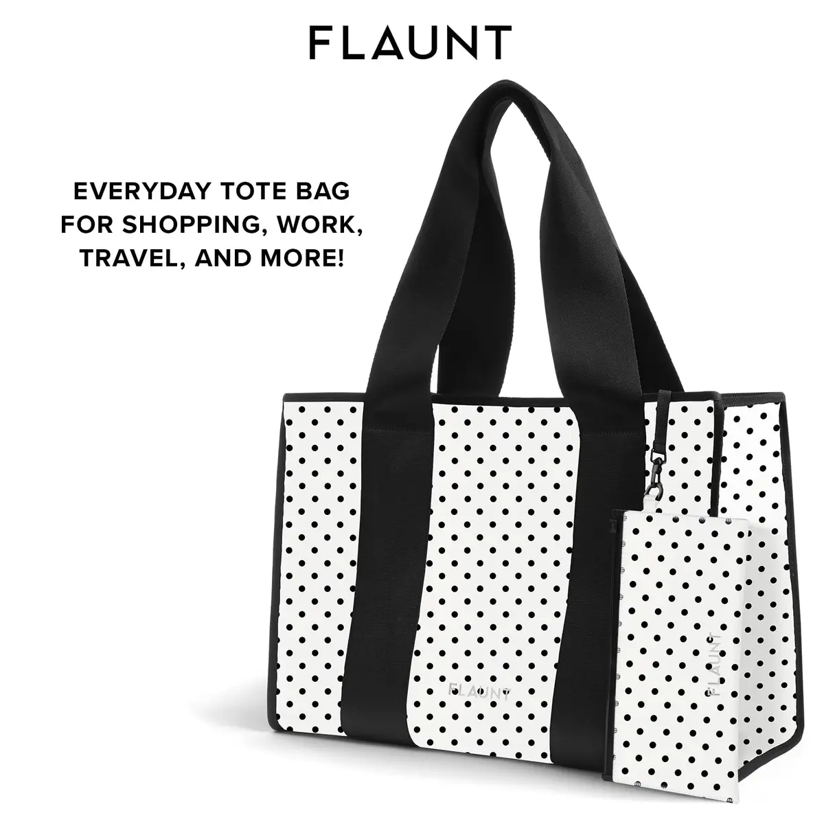 FLAUNT Everyday Tote Bag with Phone Pouch - White Polka Dot | Lightweight, Airline-Approved, Foldable & Washable Large Tote for Women - view 3