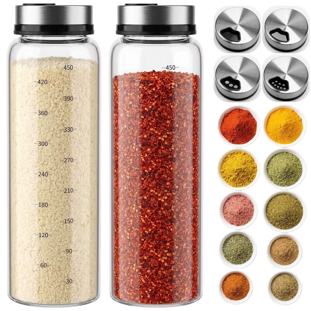 NiHome 2Pack 17oz Glass Spice Shakers Set with Adjustable Lid | Clear Dispenser for Herbs & Spices - main product image
