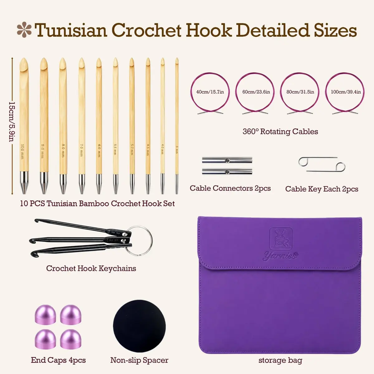 Yarniss Tunisian Bamboo Crochet Hook Set with Swivel Cable 3.5mm-10.0mm | Versatile Bamboo Crochet Kit for All Projects - view 5