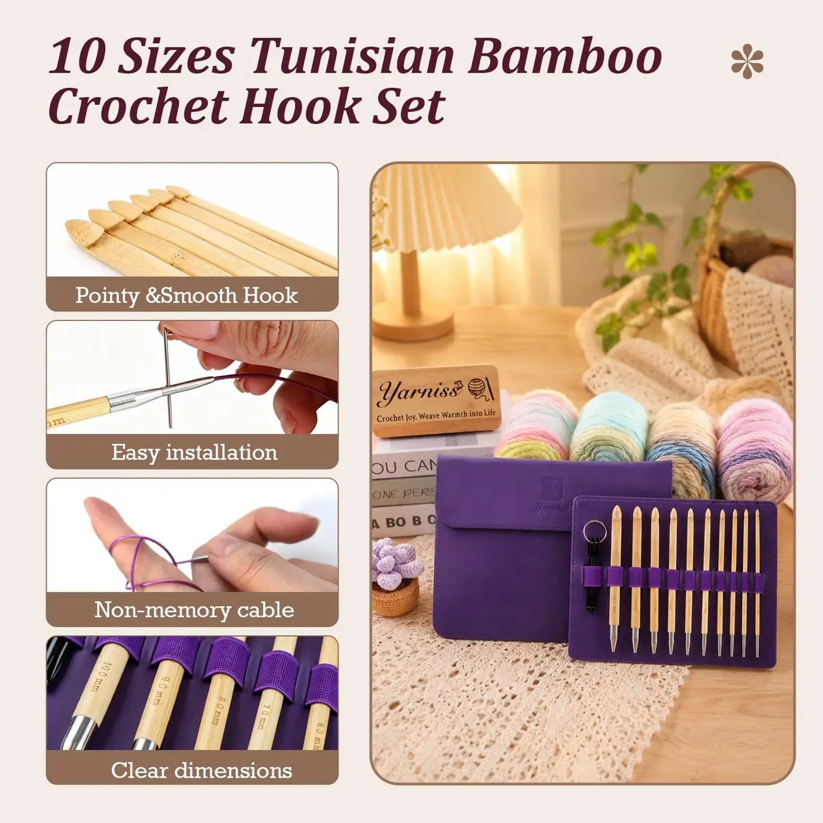 Yarniss Tunisian Bamboo Crochet Hook Set with Swivel Cable 3.5mm-10.0mm | Versatile Bamboo Crochet Kit for All Projects - view 3